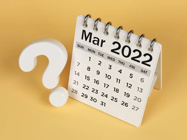 Weißfarbiger März Monat 2022 Tischkalender Und Fragezeichen Auf Hellgelbem Hintergrund — Stockfoto