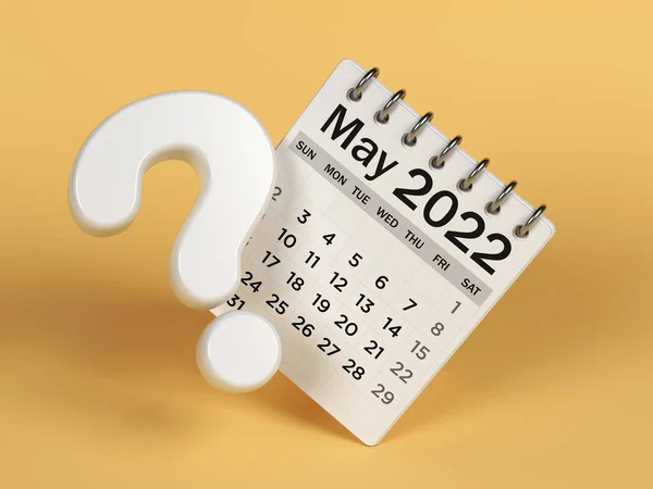 白色2022年5月桌上日历和问号 浅黄的背景 具有复制空间的水平构图 被截断的路径隔离 — 图库照片