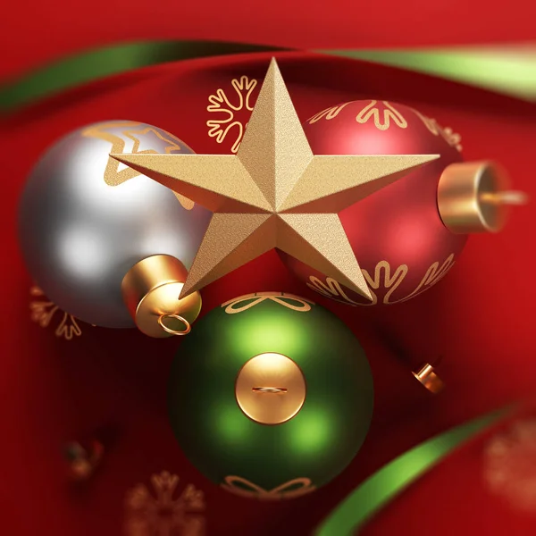 Goudkleurige Kerstster Kerstbollen Rood Gekleurde Achtergrond Vierkante Compositie Met Kopieerruimte — Stockfoto