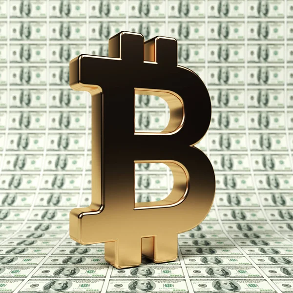 Goud Gekleurde Bitcoin Symbool Biljetten Van 100 Dollar Horizontale Compositie — Stockfoto