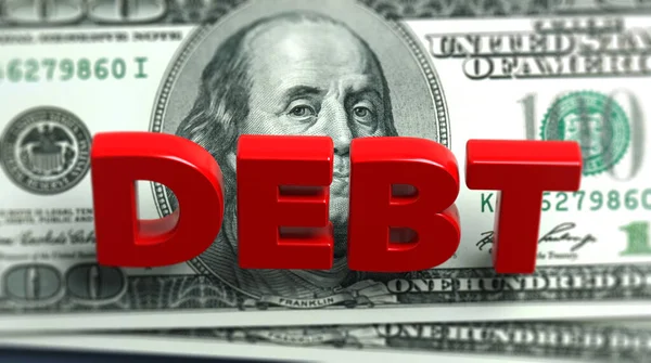 Czerwony Tekst Długu Amerykański Banknot Studolarowy Szaro Niebieskim Tle Pozioma — Zdjęcie stockowe
