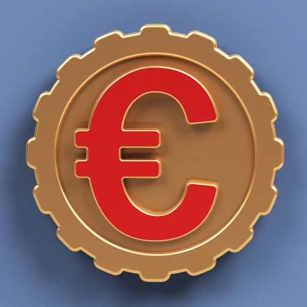 Símbolo Euro Cor Vermelha Com Ícone Moeda Dourada Fundo Azul — Fotografia de Stock