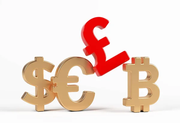 Rood Gekleurde Pond Goudkleurige Bitcoin Euro Dollar Symbolen Een Wit — Stockfoto