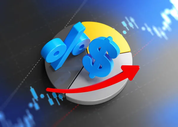 Dollar, percentage, arrow symbol, and a finance pie chart on the finance graph screen. Horizontal composition with copy space. Focused image.