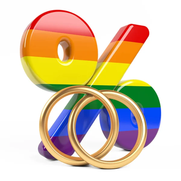 Wedding Rings Percentage Icon Covered Lgbtq Flag White Colored Background — стокове фото