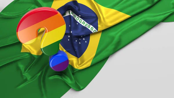 Question Mark Icon Covered Lgbtq Flag Stands Brazilian Flag White — Stock Fotó