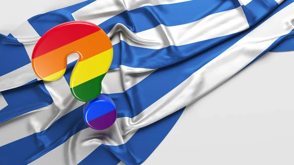 Lgbtq Bayrağıyla Kaplı Soru Işareti Simgesi Yunan Bayrağında Duruyor Beyaz — Stok fotoğraf