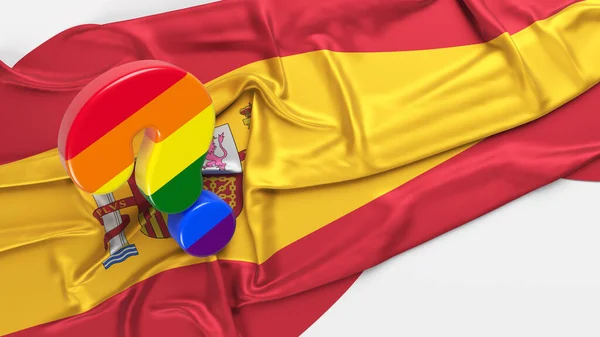 Знак Вопроса Покрытый Флагом Лгбтк Стоят Испанском Флаге Белом Фоне — стоковое фото