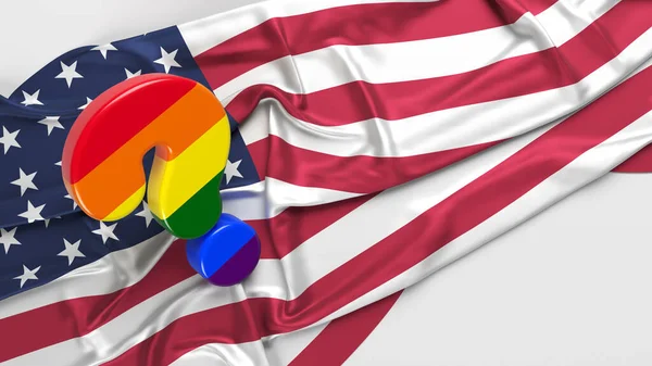 Lgbtq Bayrağıyla Kaplı Soru Işareti Simgesi Amerikan Bayrağında Duruyor Beyaz — Stok fotoğraf