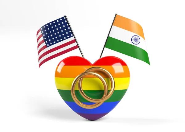 Wedding Rings American Flag Indian Flag Heart Symbol Covered Lgbtq — Stockfoto