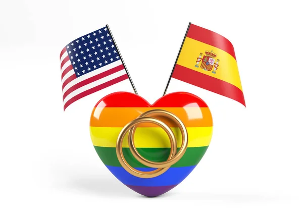 Alyanslar Amerikan Bayrağı Spanyol Bayrağı Lgbtq Bayrağıyla Kaplanmış Kalp Sembolü — Stok fotoğraf