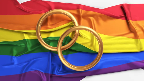 Wedding Ring Standing Lgbtq Flag White Colored Background Horizontal Composition — Stockfoto