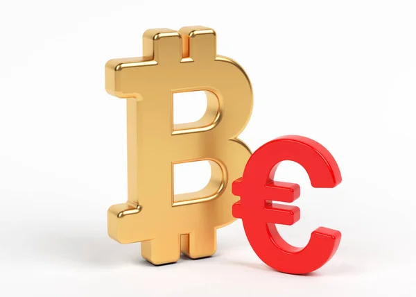 Gold Colored Bitcoin Euro Symbol White Colored Background Horizontal Composition — Foto Stock