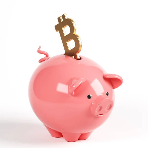 Ouro Colorido Símbolo Bitcoin Piggy Bank Fundo Cor Branca Composição — Fotografia de Stock