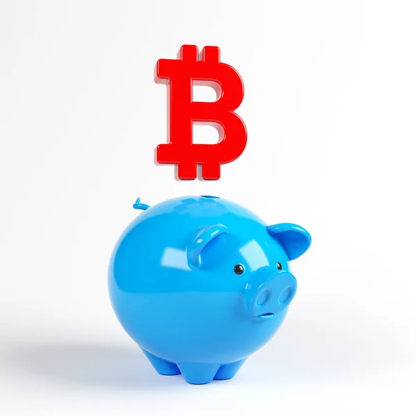 Rood Gekleurde Bitcoin Symbool Blauw Gekleurde Piggy Bank Wit Gekleurde — Stockfoto