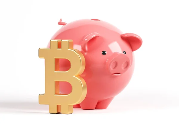 Gold Colored Bitcoin Symbol Piggy Bank White Colored Background Horizontal — Foto Stock
