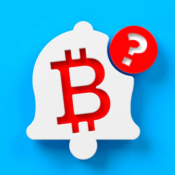 Vörös Színű Bitcoin Szimbólum Kérdőjel Értesítő Csengő Ikonja Kék Színű — Stock Fotó