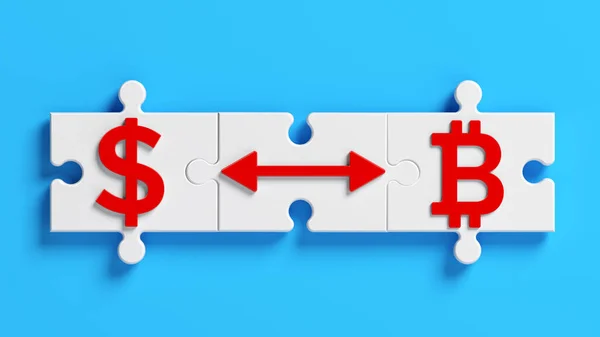 Rood Gekleurde Pijl Bitcoin Dollar Symbolen Wit Gekleurde Puzzel Stukken — Stockfoto
