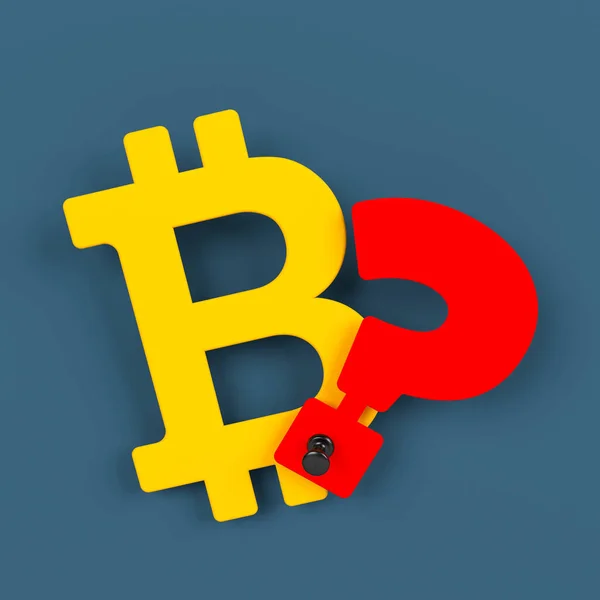 Simbolo Bitcoin Colore Arancione Punto Interrogativo Uno Sfondo Color Blu — Foto Stock
