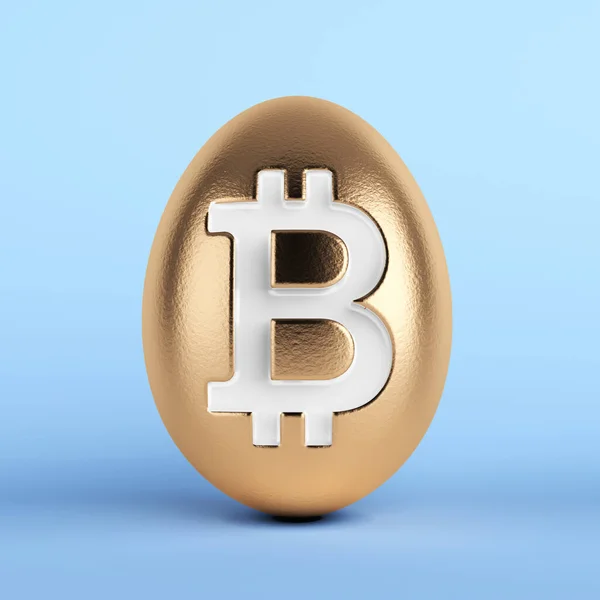 Golden Egg White Colored Bitcoin Symbol Light Blue Colored Background — Foto Stock