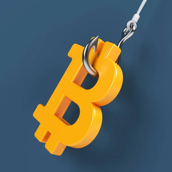 Oranje Gekleurde Bitcoin Symbool Vishaak Marine Blauw Gekleurde Achtergrond Vierkante — Stockfoto