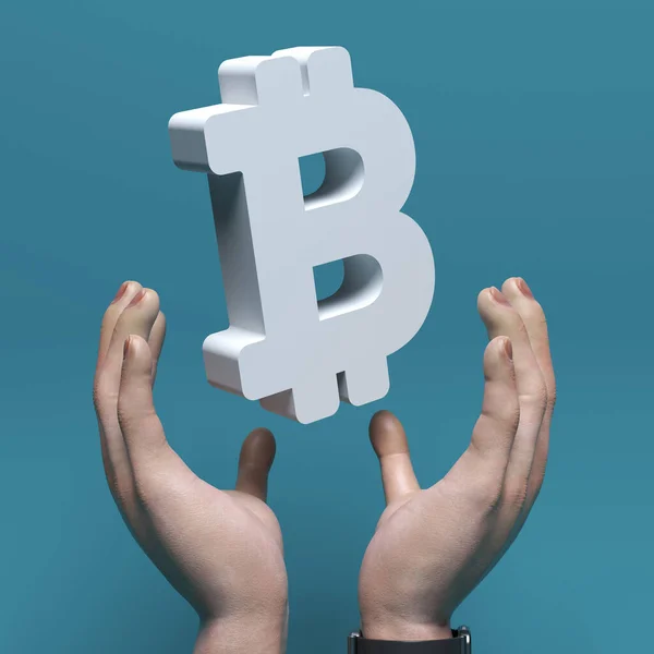 Mãos Empresário Tentar Segurar Caindo Símbolo Bitcoin Cor Branca Fundo — Fotografia de Stock