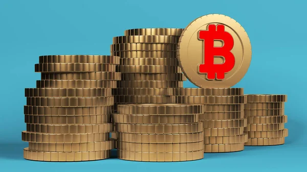 Moedas Cor Dourada Bitcoin Símbolo Cor Vermelha Fundo Cor Azul — Fotografia de Stock