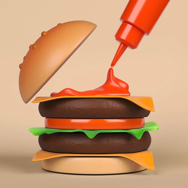 Bottiglia Tridimensionale Doppio Cheeseburger Ketchup Sfondo Colore Bianco Composizione Quadrata — Foto Stock