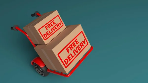 Red Colored Hand Truck Cardboard Box Charcoal Green Colored Background — Stockfoto