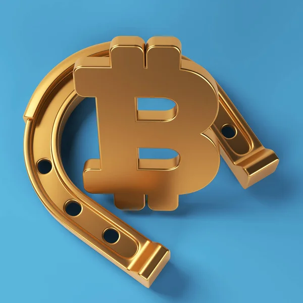 Golden Lucky Horseshoe Golden Bitcoin Symbol Blue Colored Background Square — Foto Stock