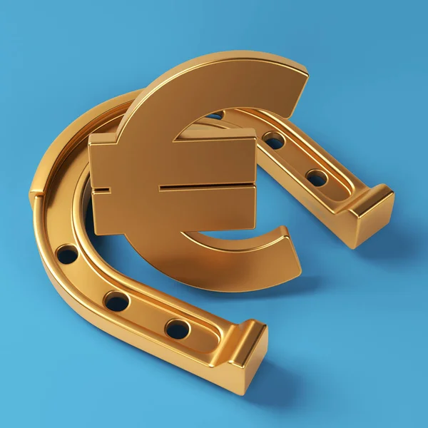 Golden Lucky Horseshoe Golden Euro Symbol Blue Colored Background Square — Stockfoto
