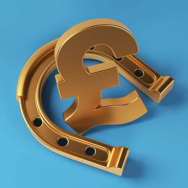 Golden Lucky Horseshoe Golden Pound Symbol Blue Colored Background Square — Fotografia de Stock