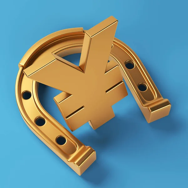 Golden Lucky Horseshoe Golden Japanese Yen Symbol Blue Colored Background — Stockfoto