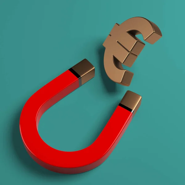 Red-colored horseshoe magnet and golden Euro symbol. On a charcoal green-colored background. Square composition with copy space. Isolated with clipping path.