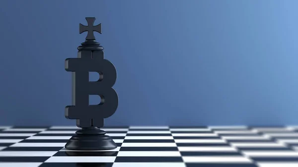 Zwart Gekleurde Koning Schaken Stuk Vormige Bitcoin Symbool Het Schaakbord — Stockfoto