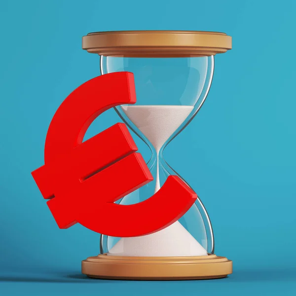 Euro Símbolo Color Rojo Reloj Arena Sobre Fondo Color Azul — Foto de Stock