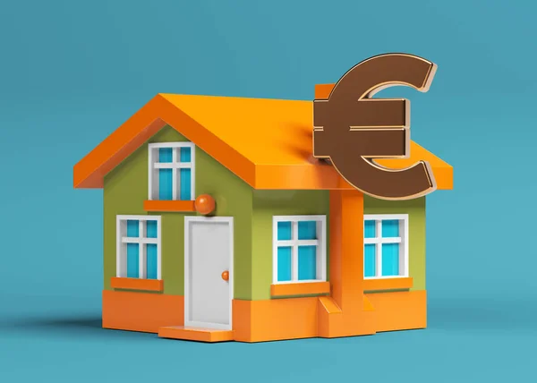 Gold Colored Euro Symbol Tiny House Icon Charcoal Blue Colored — Fotografia de Stock