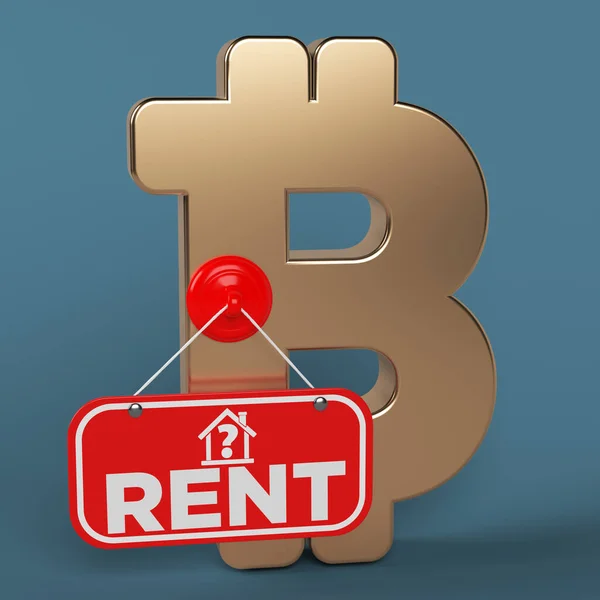 Gold Colored Bitcoin Symbol Red Colored Rent Sign Charcoal Blue — Fotografia de Stock