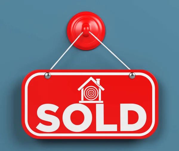 Red Colored Real Estate House Sold Sign Charcoal Blue Colored — стоковое фото
