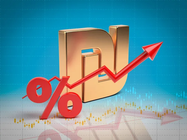 Golden Israeli Shekel Symbol Red Colored Percentage Sign Finance Arrow — Foto Stock