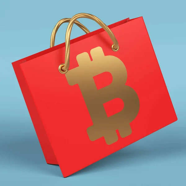 Gold Colored Bitcoin Symbol Red Colored Shopping Bag Blue Colored — Zdjęcie stockowe