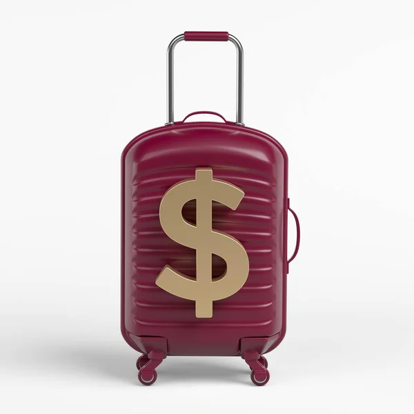 Golden Dollar Symbol Burgundy Colored Travel Luggage White Colored Background — Zdjęcie stockowe