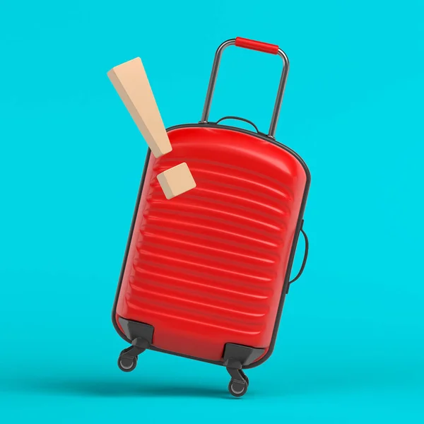 Sinal Exclamação Bege Colorido Luggage Viagem Cor Vermelha Fundo Turquesa — Fotografia de Stock