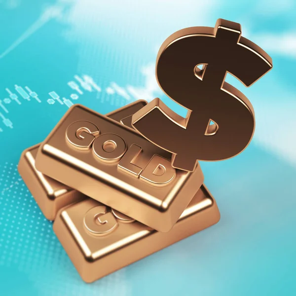 Goudkleurig Dollar Symbool Goudstaven Blauw Gekleurd Financieel Scherm Vierkante Compositie — Stockfoto