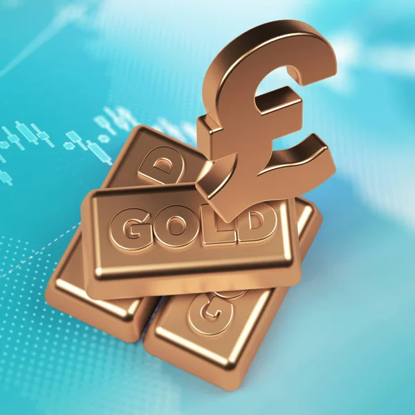 Złoty Symbol Funta Sztabki Złota Niebieskim Ekranie Finansowym Kwadrat Kompozycja — Zdjęcie stockowe