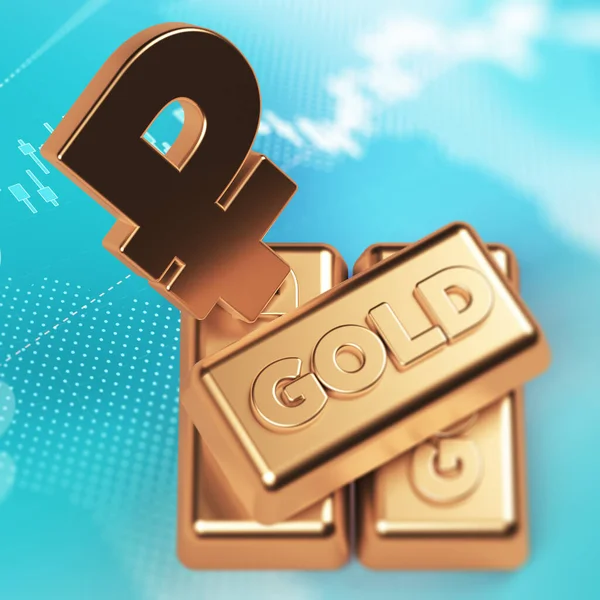 Goud Gekleurde Ruble Symbool Gouden Ingots Blauw Gekleurd Financieel Scherm — Stockfoto