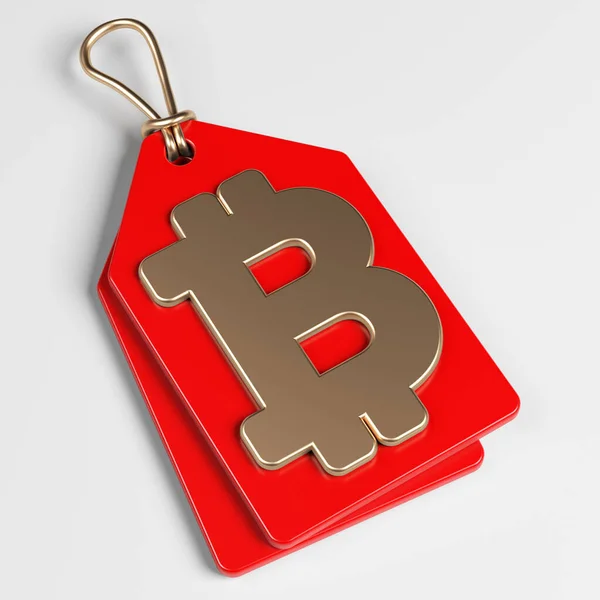 Gold Colored Bitcoin Symbol Red Colored Price Tag White Colored — Foto Stock