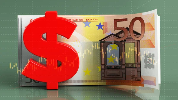 Red Colored Dollar Symbol European Union Fifty Euro Banknote Green — Stock Photo, Image