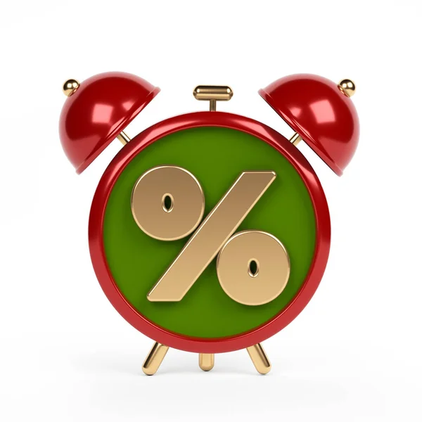 Gold Colored Percentage Symbol Red Colored Clock White Colored Background — Fotografia de Stock