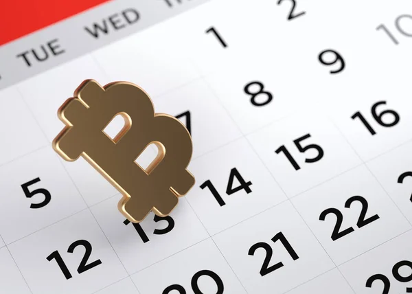 Simbolo Bitcoin Color Oro Sulla Pagina Del Calendario Colore Bianco — Foto Stock